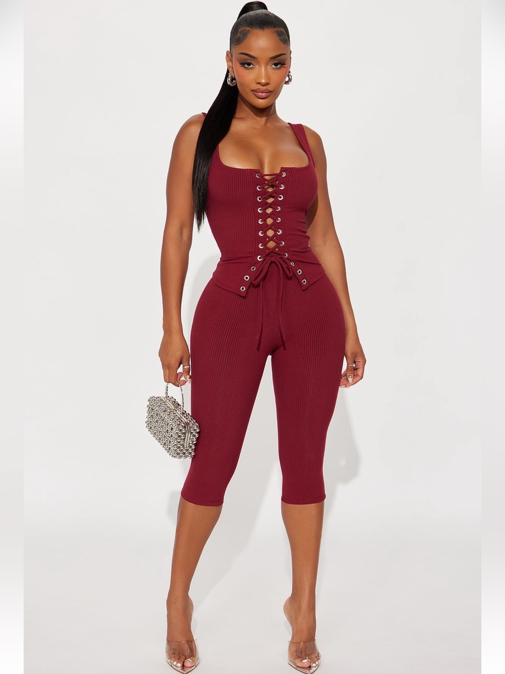 Ribbed Lace-Up Burgundy two piece set